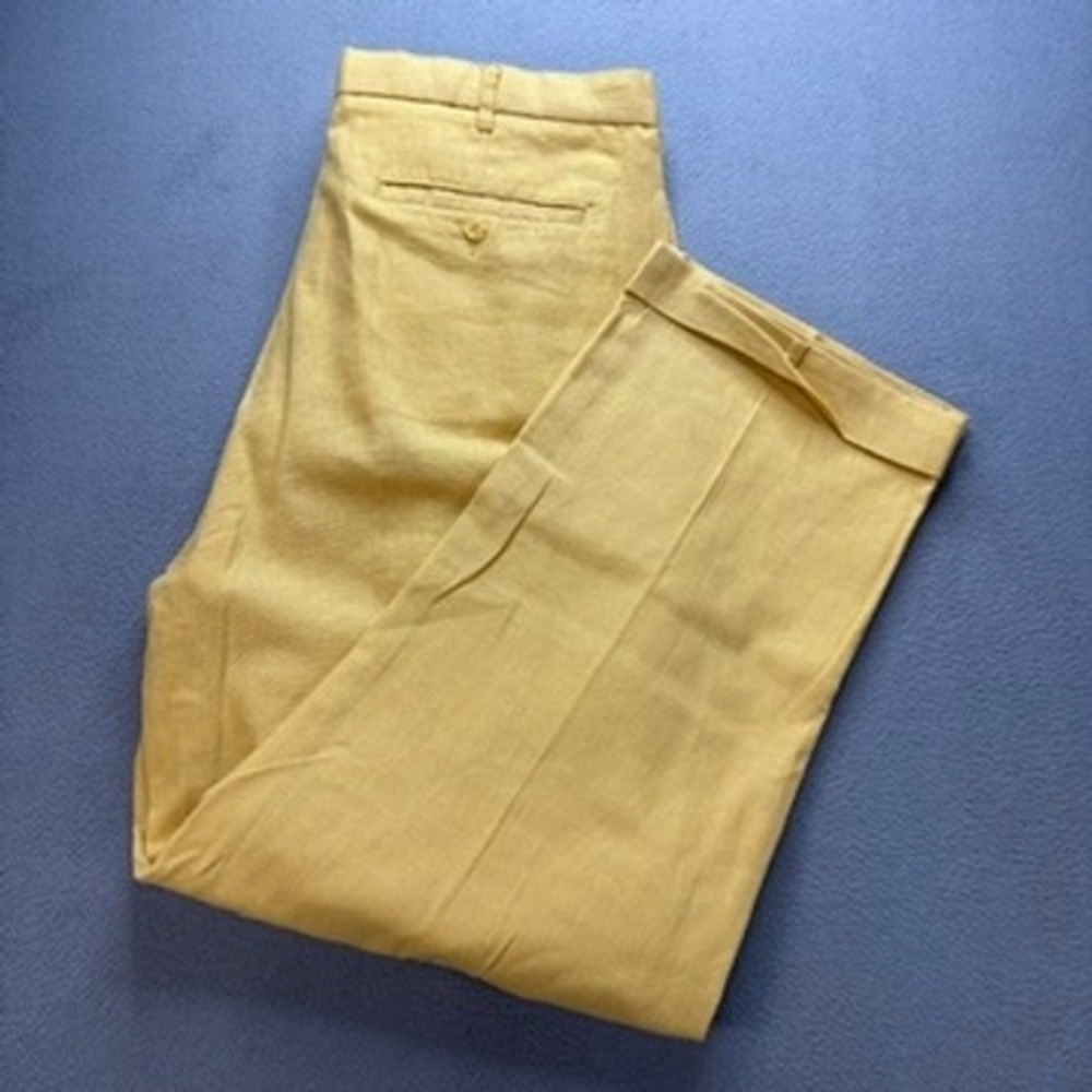 Trust Linen Blend Pleated Dress Pants Relaxed 36x30 (FIT 35x28) Yellow Trousers